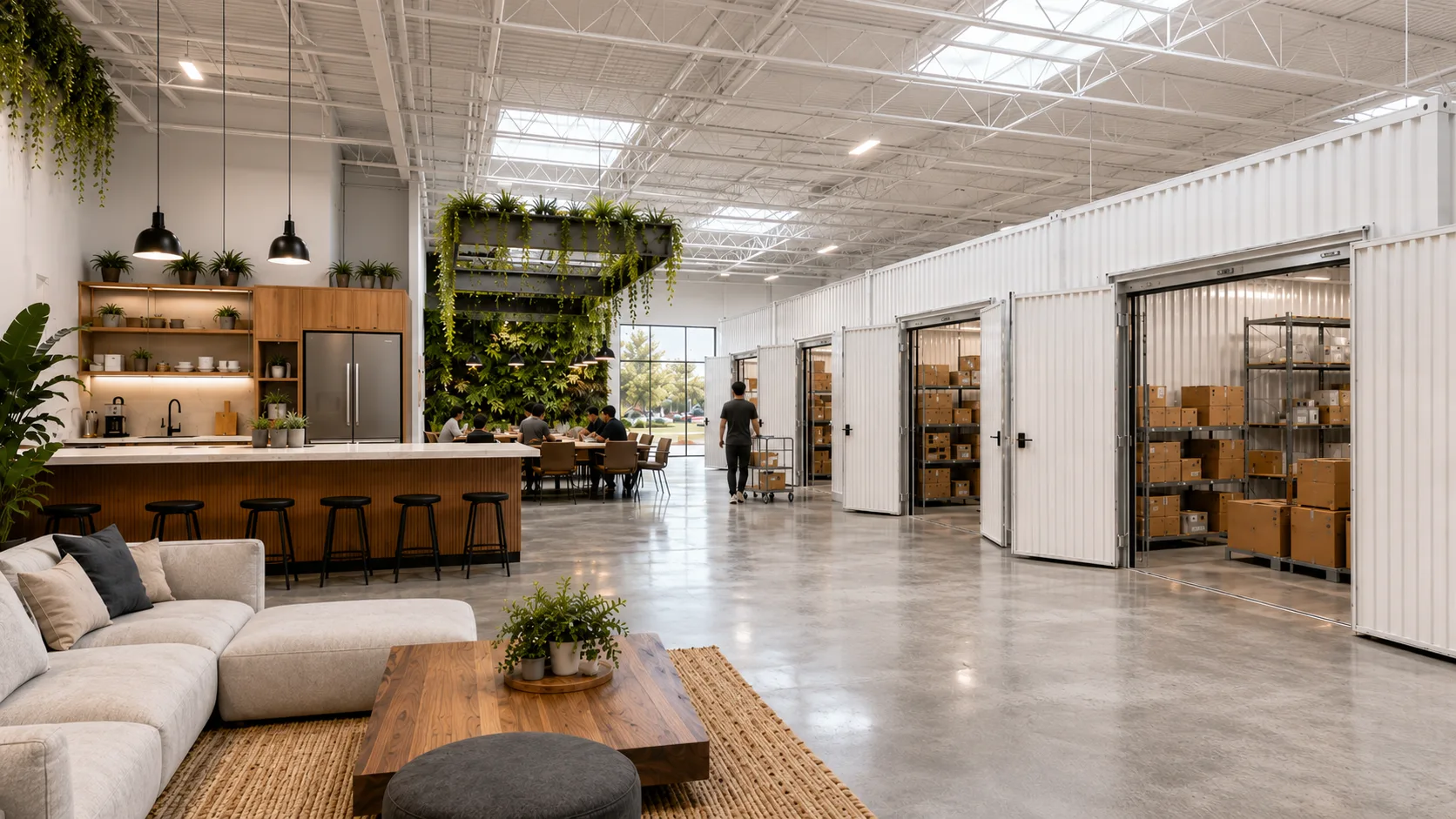 Concept rendering of an EasyBay co-warehousing floor: a shared lounge and kitchen beside a row of private suites with double doors